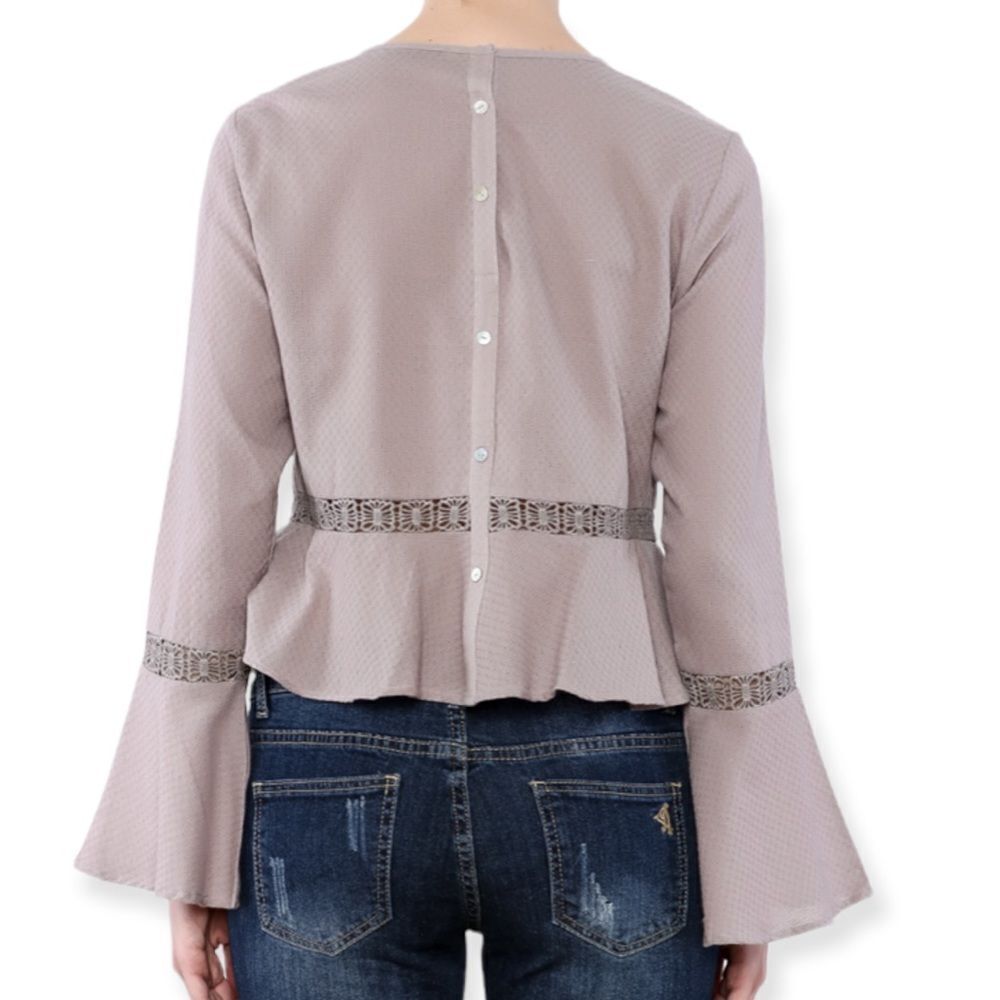 Cut-Out Crochet Round Neckline Long Bell Sleeve Ruffle Trim Top NEW - Picture 2 of 4